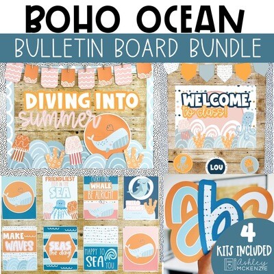 Boho Ocean Bulletin Board, Posters, A-Z Bulletin Board Letters, and Door Decor Mini Bundle