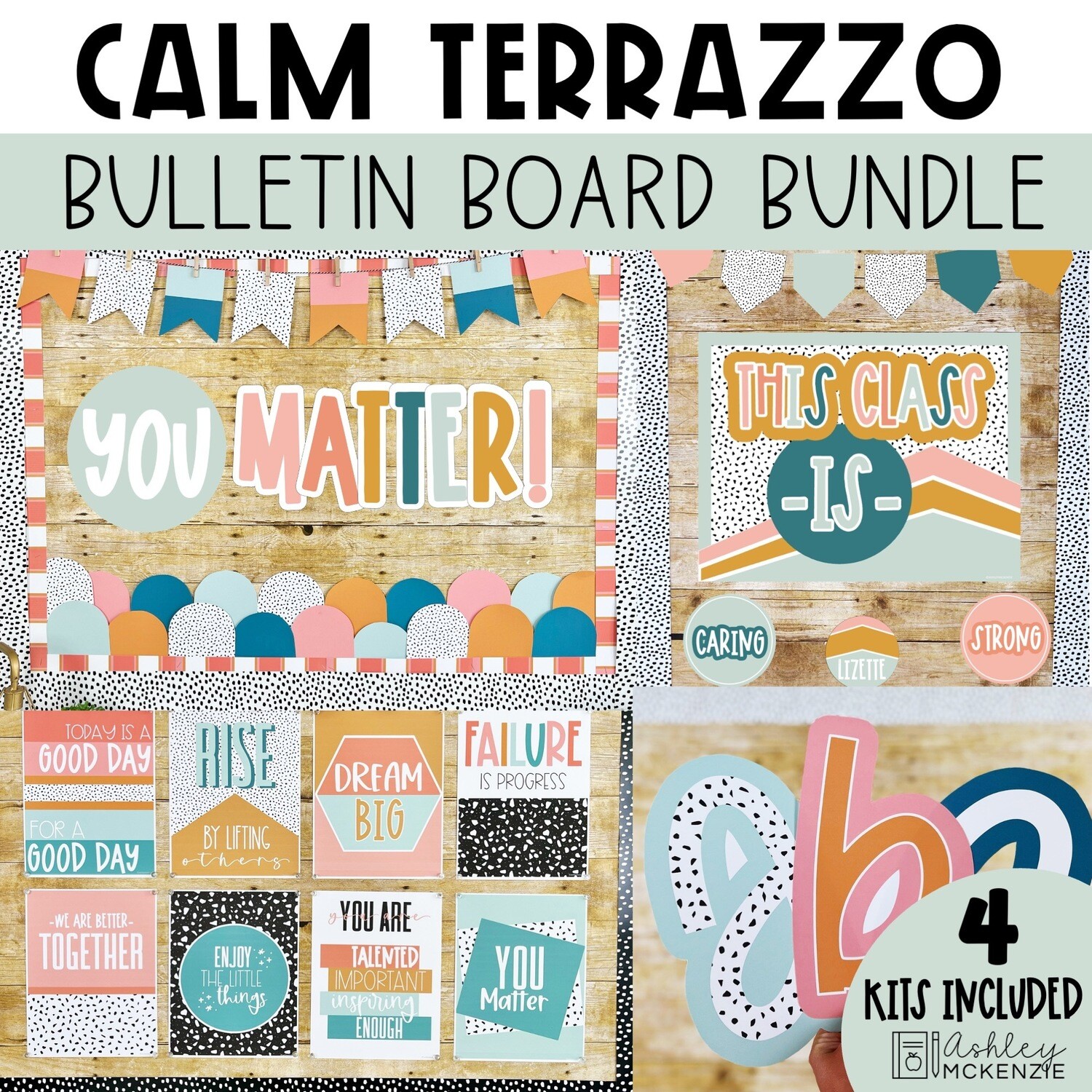 Calm Terrazzo Bulletin Board, Posters, A-Z Bulletin Board Letters, and Door Decor Mini Bundle