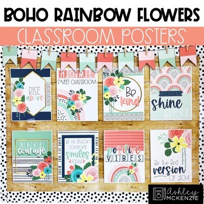 Boho Rainbow Flowers Classroom Posters - Editable!