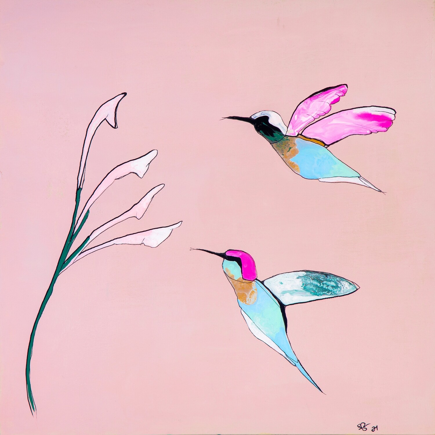 lil pink n blue hummingbirds (12x12)