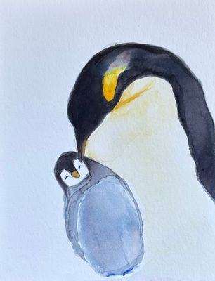 Mama and Baby Penguins Watercolor - Print
