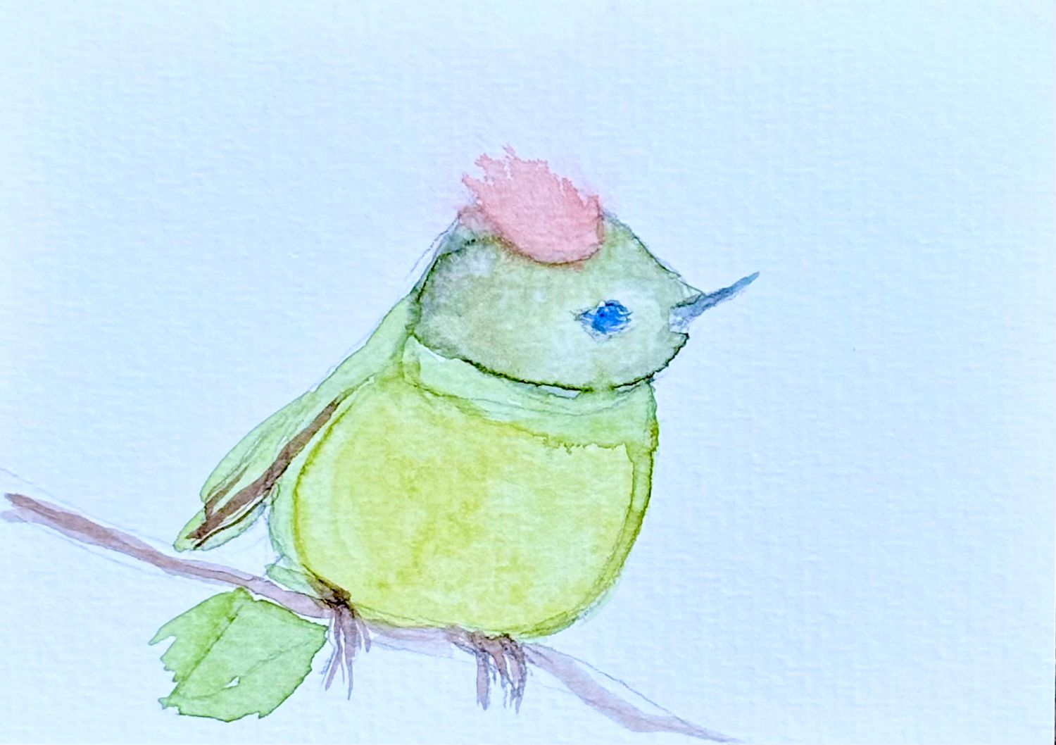 Whimsical Watercolor Painting - Ruby Crowned Kinglet