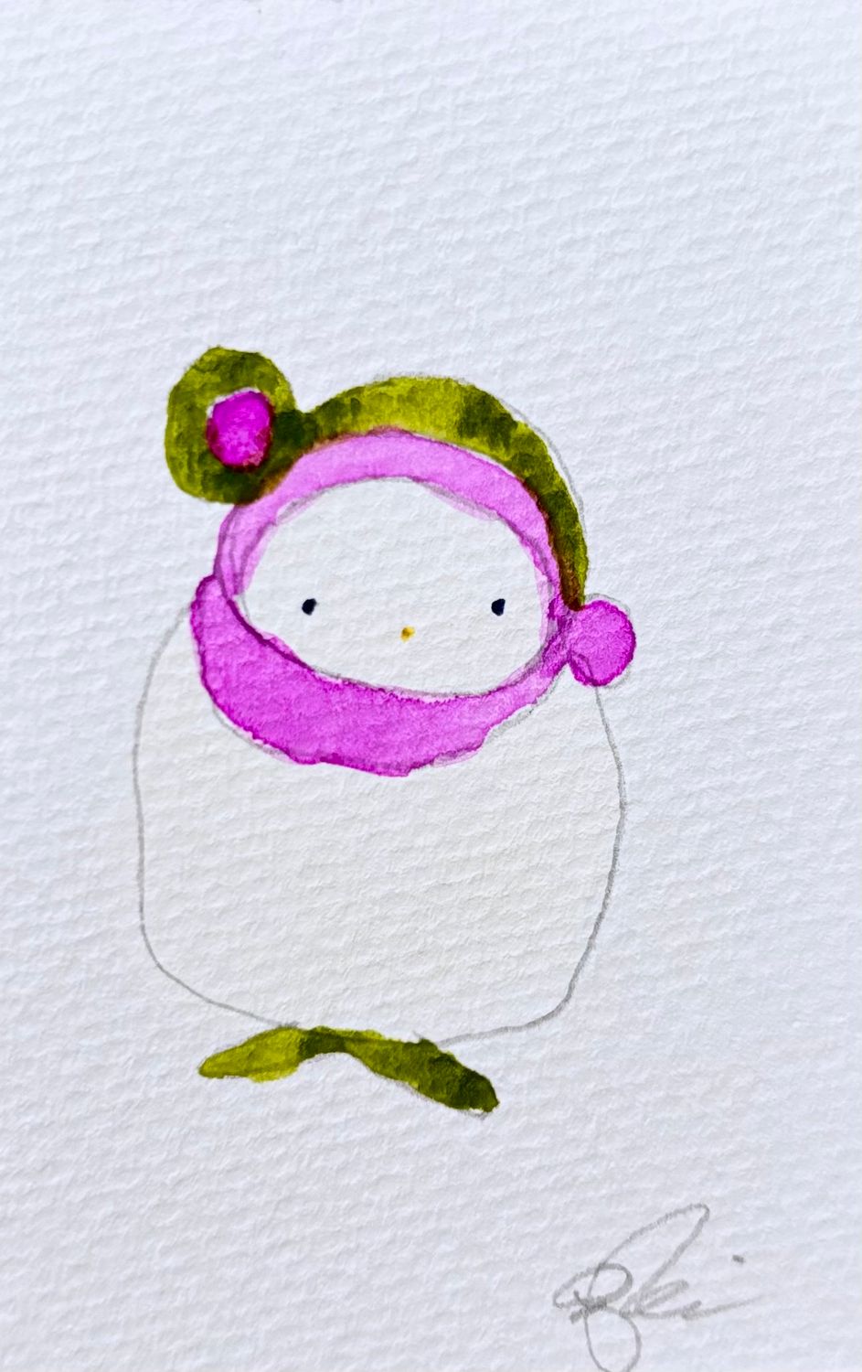 Joyful watercolor artwork celebrating gender-queer community, hand-painted in purple, green and white in a playful style