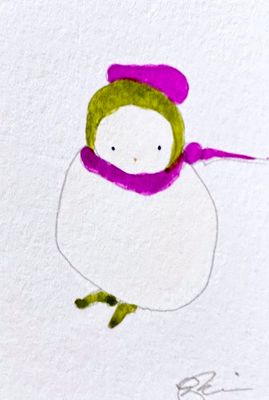 Joyful watercolor artwork celebrating gender-queer community, hand-painted in purple, green and white in a playful style