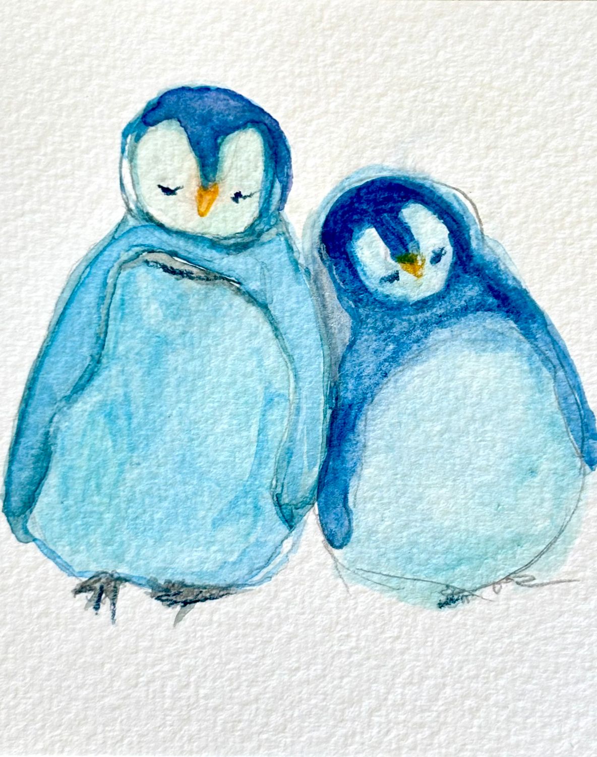 Minimalist watercolor two small penguin birds perched together illustration, small original hand-painted artwork