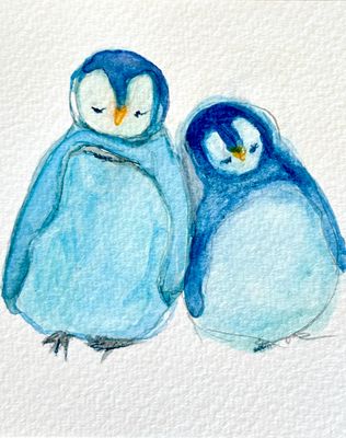 Minimalist watercolor two small penguin birds perched together illustration, small original hand-painted artwork