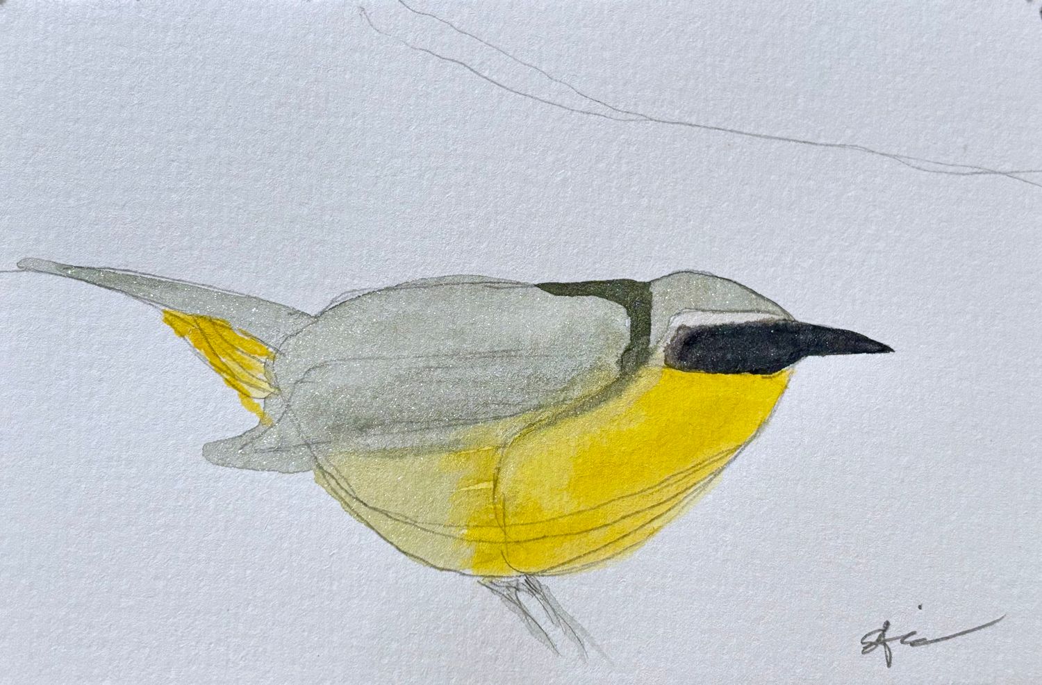Whimsical watercolor painting of a small Common Yellowthroat bird perched, hand-painted original art

