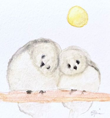 Minimalist watercolor two small birds perched together illustration, small original hand-painted artwork