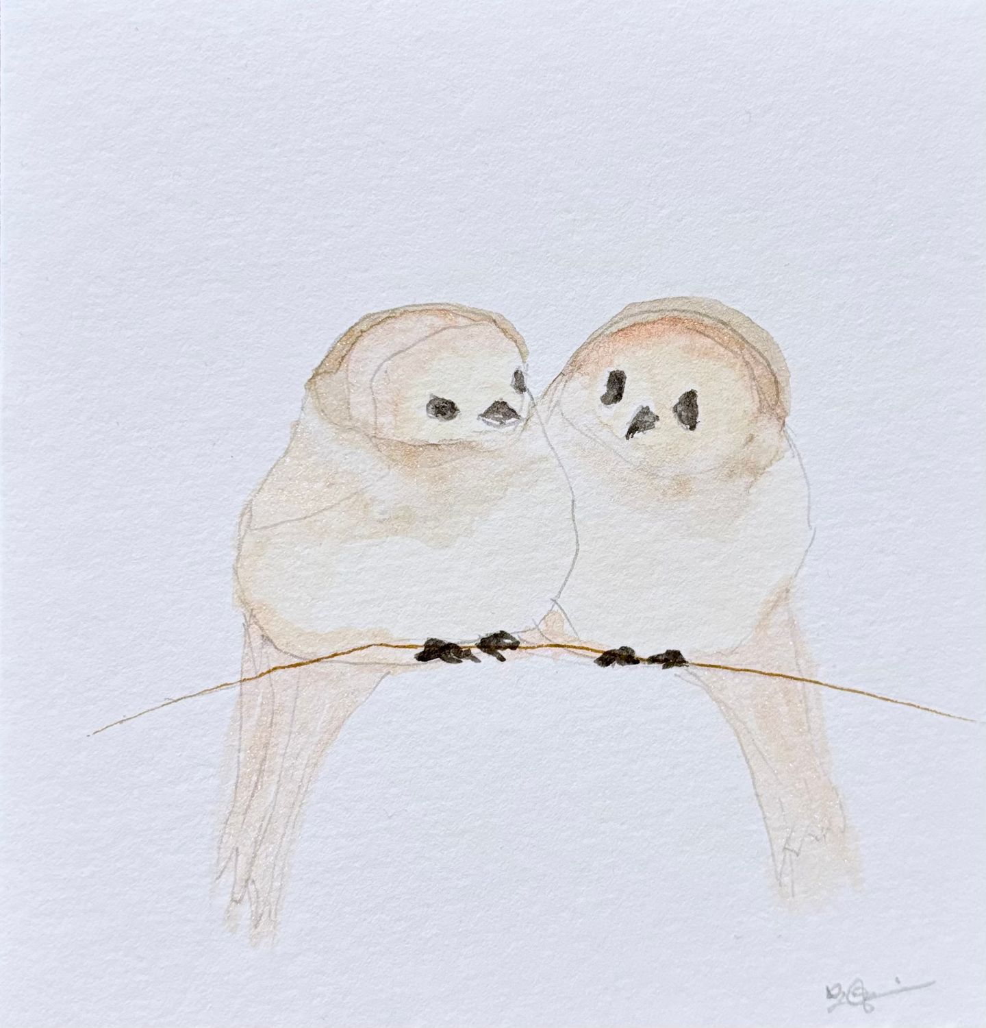 Minimalist watercolor two small birds perched together illustration, small original hand-painted artwork