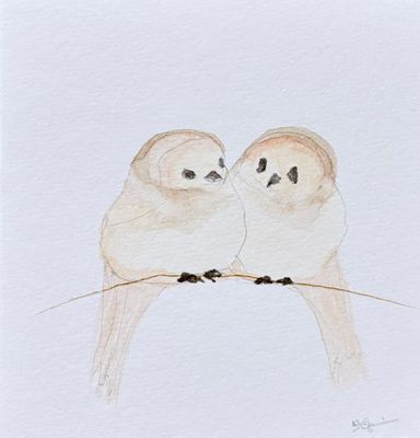 Minimalist watercolor two small birds perched together illustration, small original hand-painted artwork