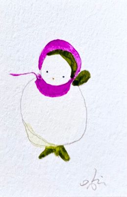 Joyful watercolor artwork celebrating gender-queer community, hand-painted in purple, green and white in a playful style