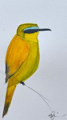 Small original watercolor bee eater bird painting in a whimsical, hand-painted style