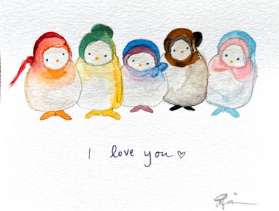 Joyful watercolor Valentine Greeting card celebrating gay, queer, pride, rainbow community, love hand-painted greeting