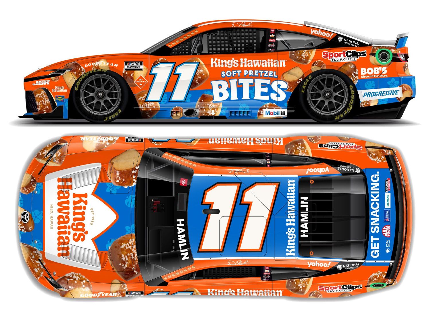 PRE-ORDER - $130 - Denny Hamlin 2025 King&#39;s Hawaiian Soft Pretzel Bites 1:24 Elite Nascar Diecast