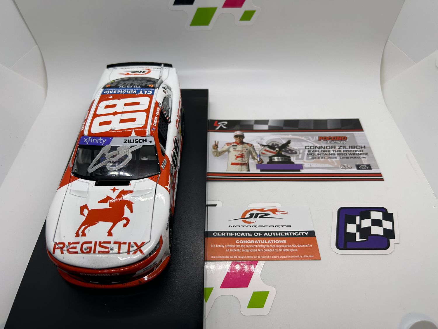 Connor Zilisch Dual Autograph 2025 Registix Pocono 06/21/25 Race Win 1:24 Nascar Diecast - Xfinity Series - Dale Earnhardt Jr