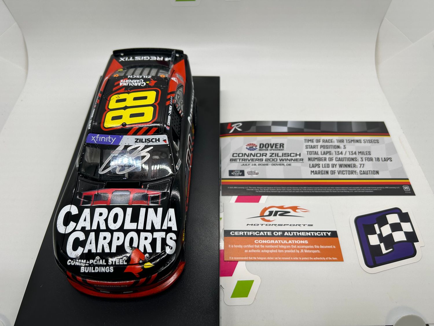 Connor Zilisch Autographed 2025 Carolina Carports Dover 7/19/25 Race Win 1:24 Nascar Diecast - Xfinity Series