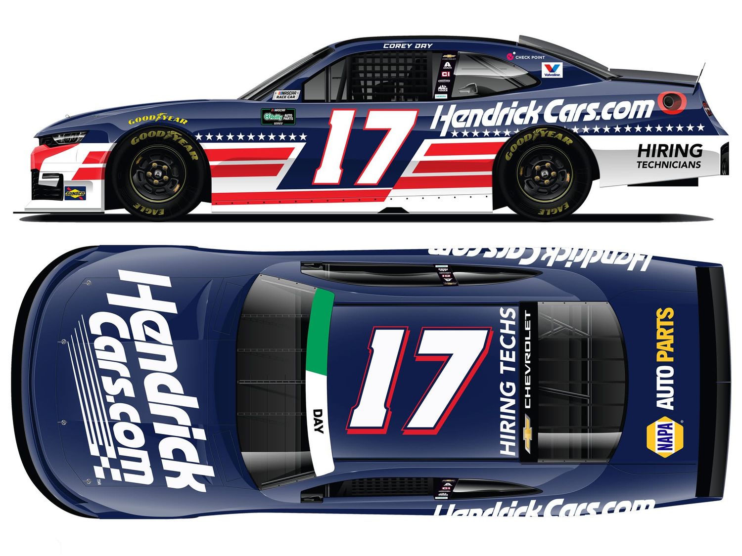 PRE-ORDER - Corey Day 2026 Hendrickcars.com Patriotic 1:24 Nascar Diecast - O'Reilly Auto Parts Series