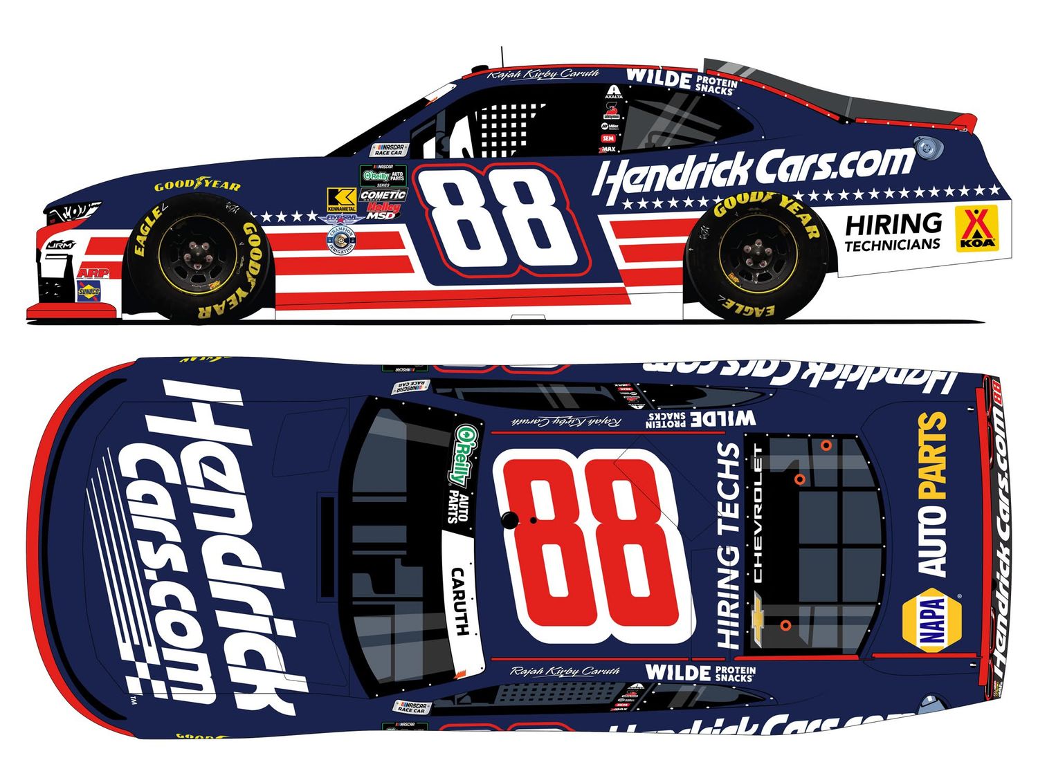 PRE-ORDER - Rajah Caruth Autographed 2026 Hendrickcars.com Patriotic 1:24 Nascar Diecast - O'Reilly Auto Parts Series