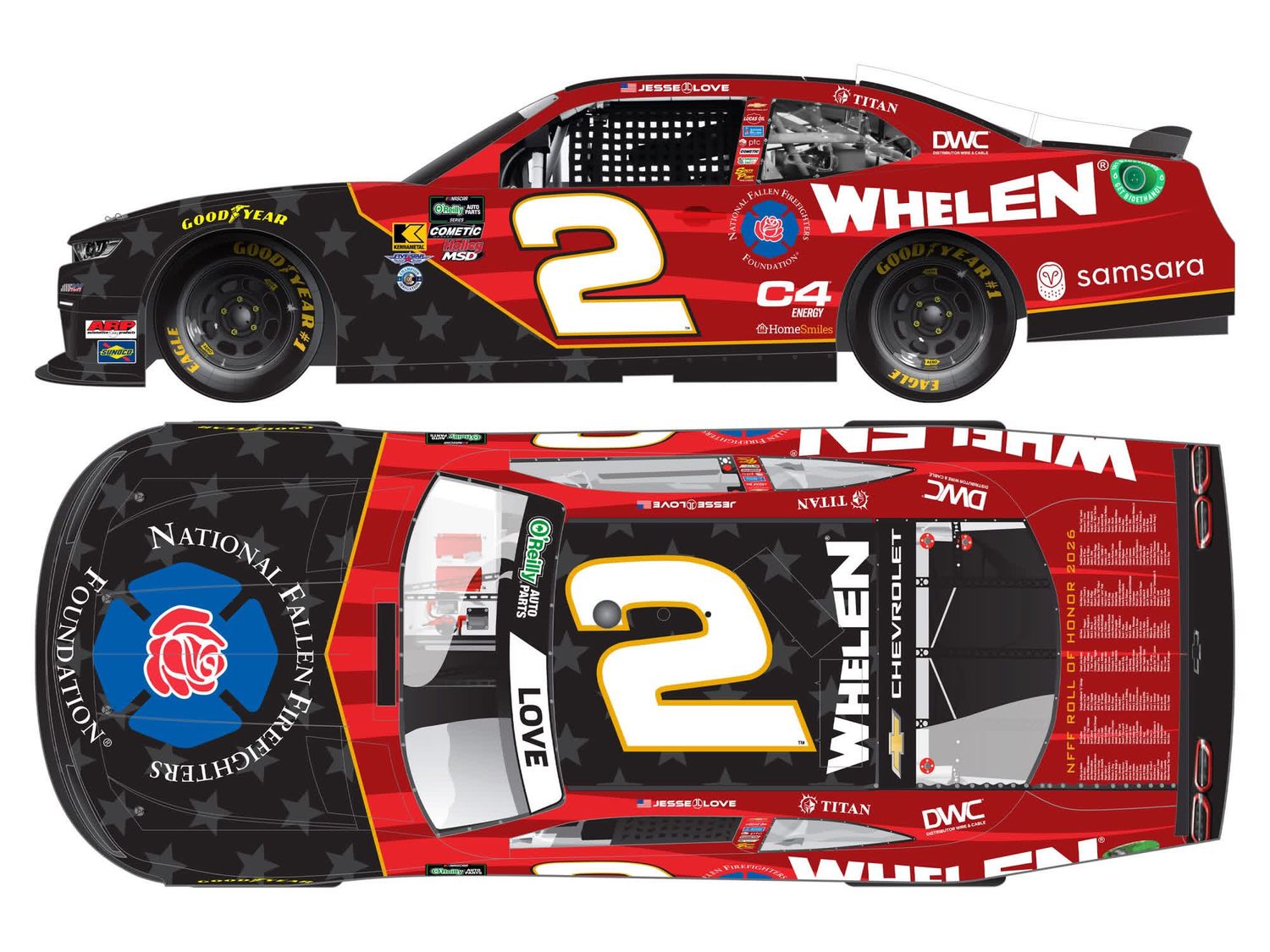 PRE-ORDER - Jesse Love 2026 Whelen/National Fallen Firefighters Foundation 1:24 Nascar Diecast - O'Reilly Auto Parts Series
