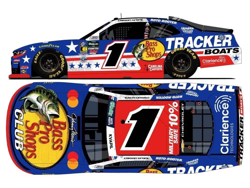 PRE-ORDER - Carson Kvapil Autographed 2026 Bass Pro Shops/Tracker Boats Patriotic 1:24 Nascar Diecast - O'Reilly Auto Parts Series