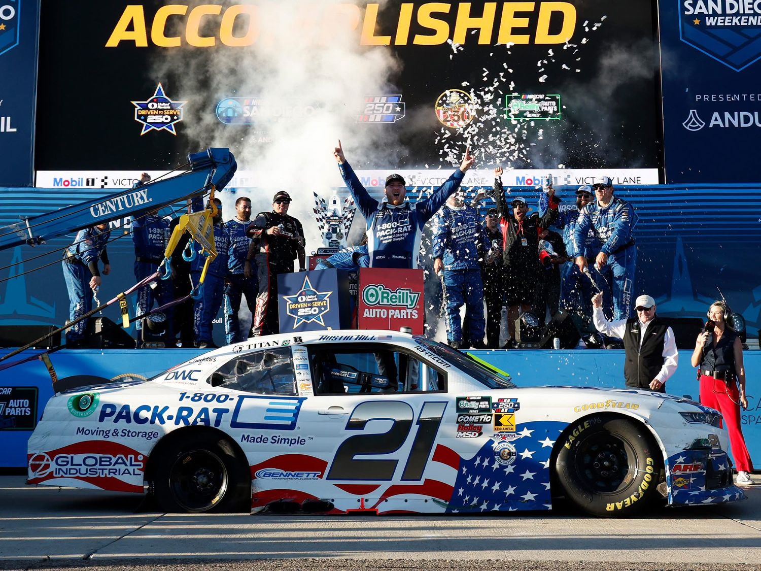 PRE-ORDER - Austin Hill 2026 1-800-PACK-RAT Patriotic San Diego 6/20/26 Race Win 1:24 Nascar Diecast - FOIL NUMBER CAR - O'Reilly Auto Parts Series