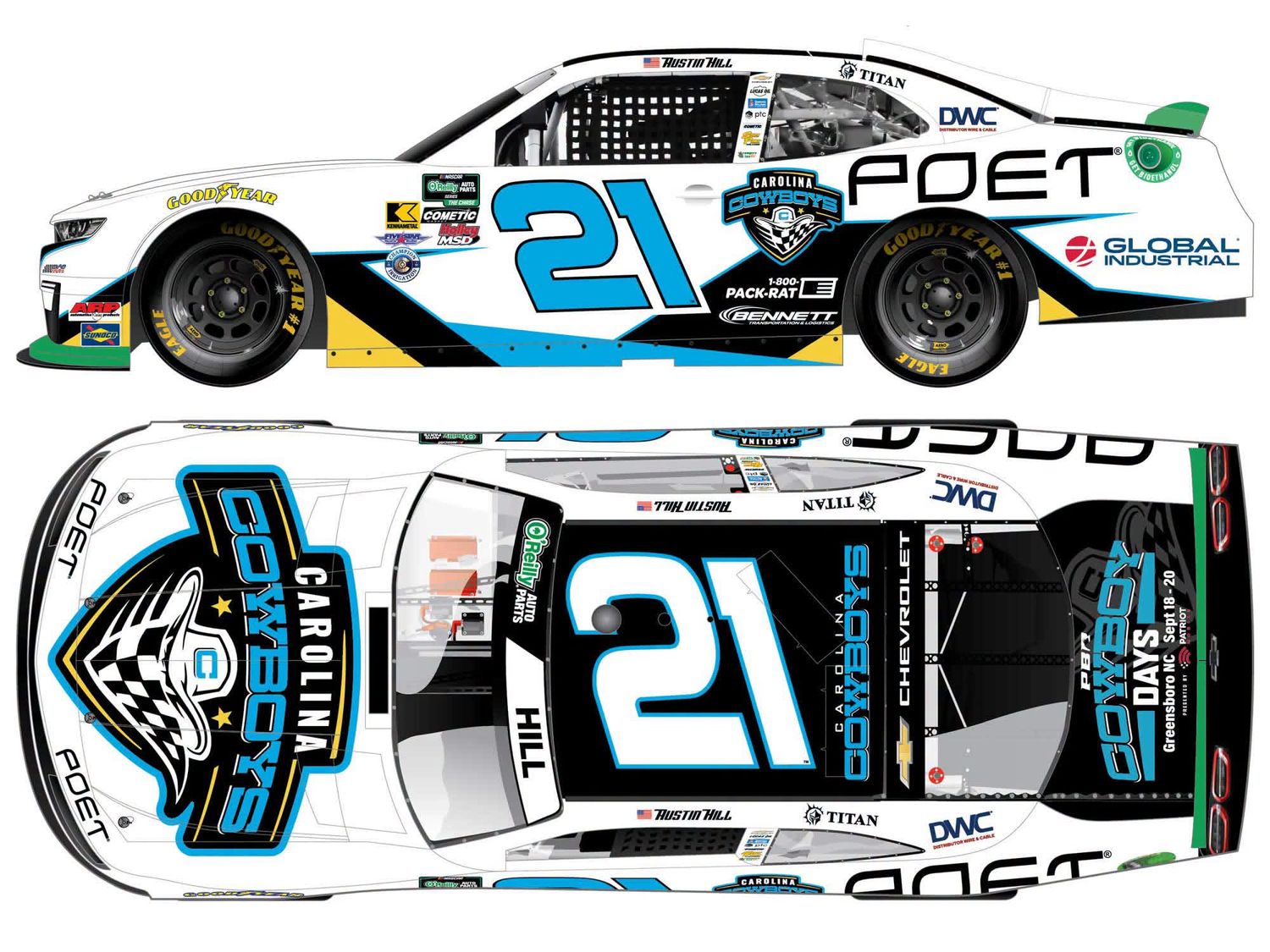 PRE-ORDER - Austin Hill 2026 Carolina Cowboys 1:24 Nascar Diecast - O'Reilly Auto Parts Series