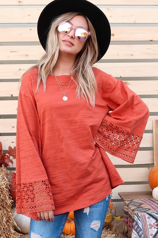 Briana Lace Detail Bell Sleeve Top ~ Brick