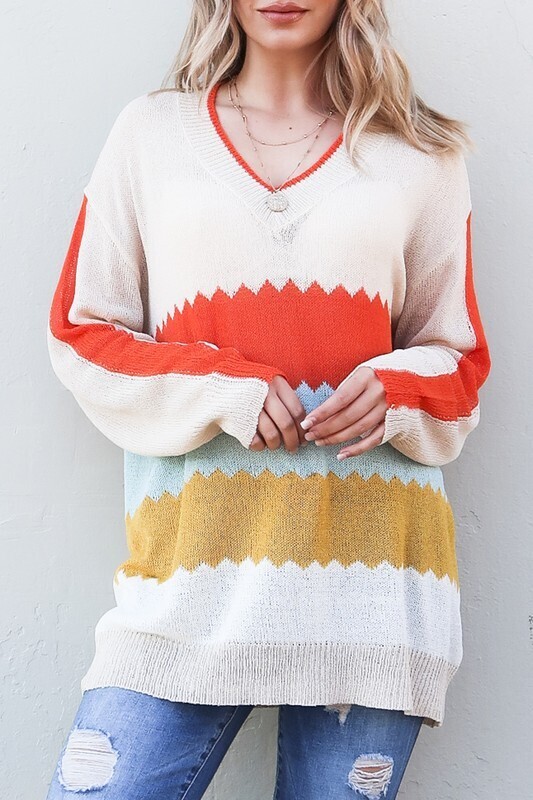 Aliza Multi Color V Neck Sweater ~ Beige