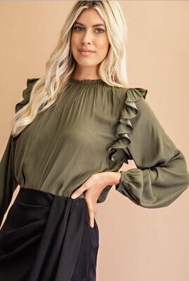 Rose Ruffled Shirred Blouse Top ~ Olive
