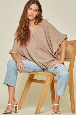 Victoria V Neck Ruffle Sleeve Top ~ Taupe