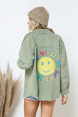 Shelly Washed Frayed Smiley Jacket ~ Olive