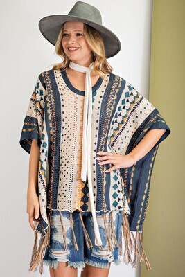 Camila Multicolor Knitted Poncho Sweater ~ Teal
