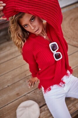 Laurel Frayed V Neck Sweater ~ Red