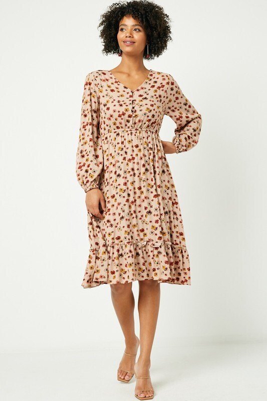 Sadie Floral Button Button Dress ~ Taupe