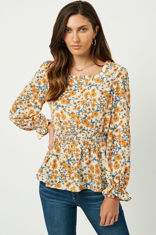Delilah Square Neck Flower Print Top ~ Taupe