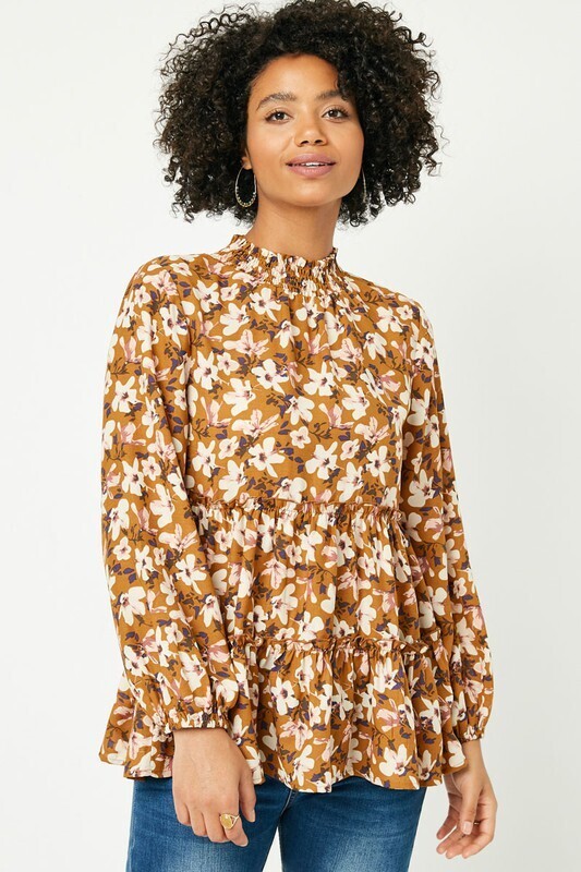 Sophie Floral Smock Neck Tiered Tunic ~ Mustard
