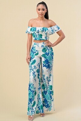 Elizabeth Floral Crop Top & Pants Set ~ Blue