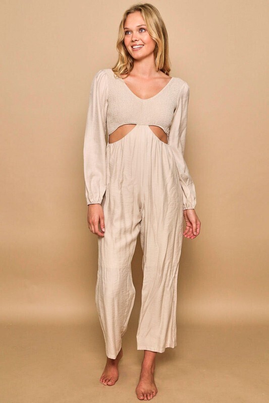 Courtney Smocked Cut Out Jumpsuit ~ Taupe