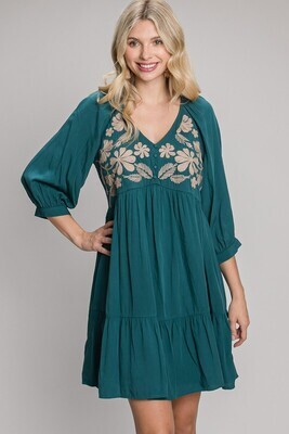 Cassie Embroidered Baby Doll Dress ~ Hunter Green
