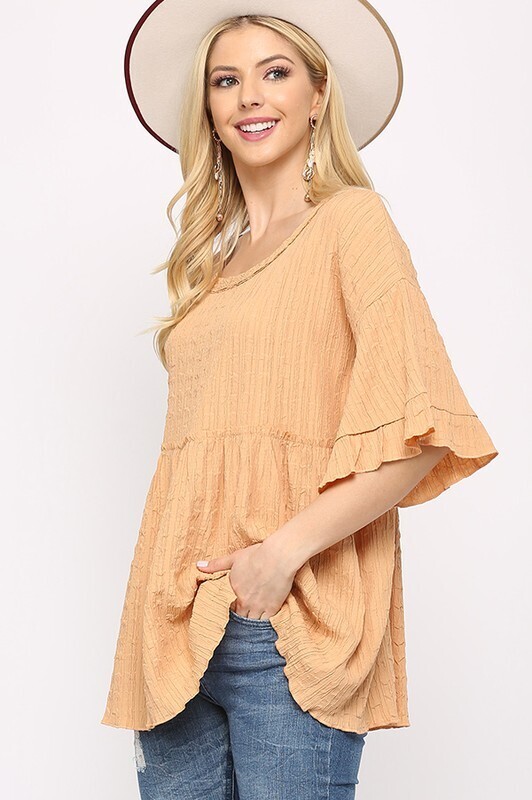 Sloane Crinkled Woven Bell Sleeve Top ~ Apricot