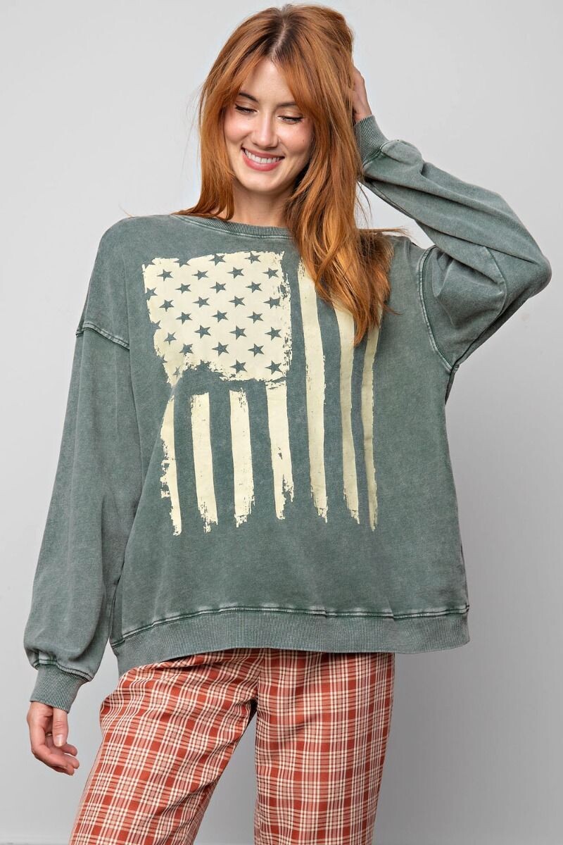 American Flag Mineral Wash Pullover ~ Green