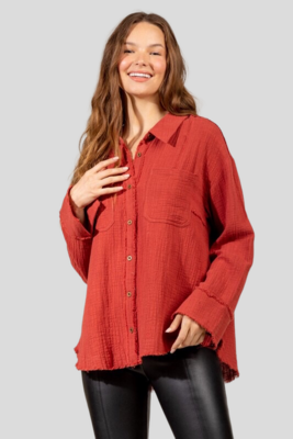 Morgan Frayed Hem Woven Button Up Shirt ~ Rust