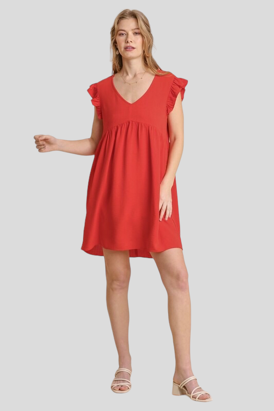 Veronica V Neck Ruffle Sleeve Dress ~ Red