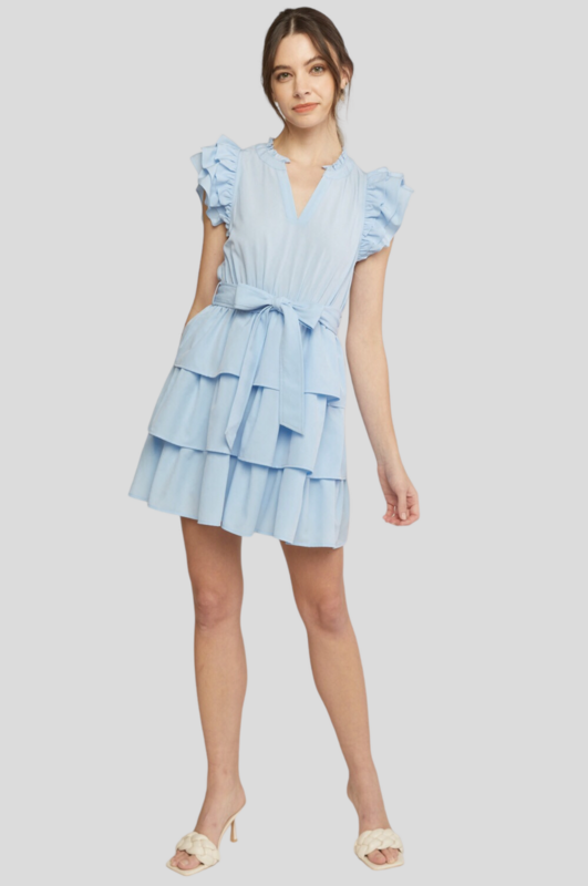 Megan V Neck Ruffle Sleeve Dress ~ Baby Blue