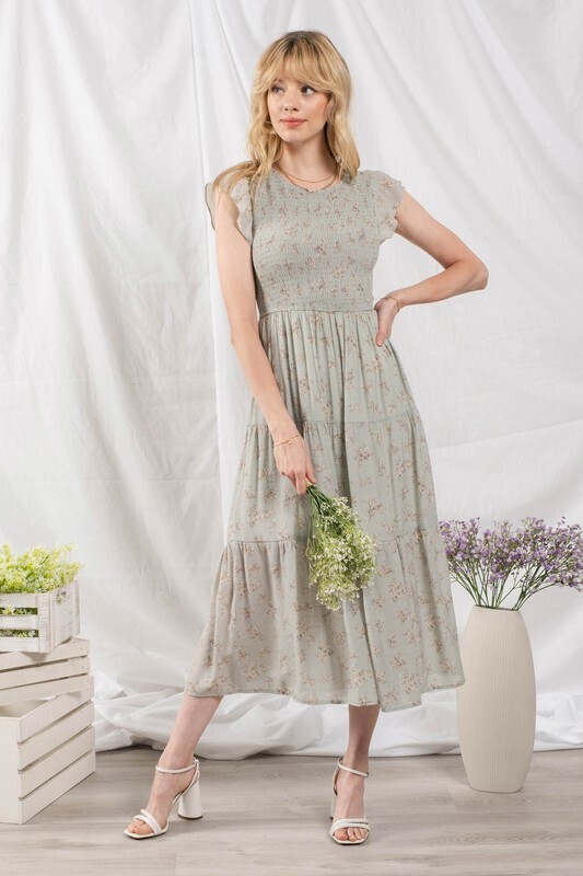 Claire Smocked Floral Midi Dress ~ Sage