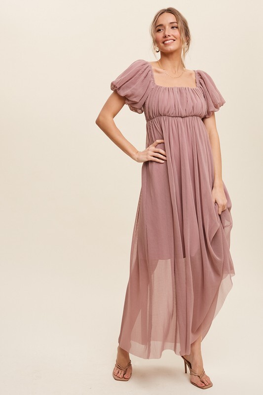 Gianna Pleated Mesh Square Neck Maxi Dress ~ Mauve