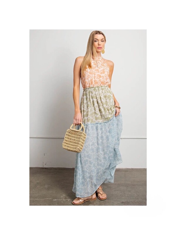 Cadence Printed Color Block Halter Maxi ~ Green