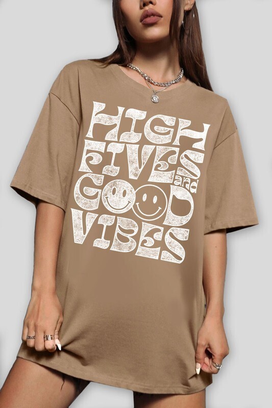 HIGH FIVES GOOD VIBES Graphic Tee ~ Mineral Taupe
