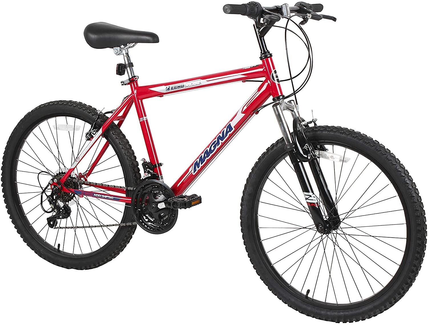 Dynacraft Magna Front Shock Mountain Bike Boys, Girls, Mens and Womens 24'' Inch Wheels with 18 Speed Grip Shifter and Dual Handbrakes in Red,