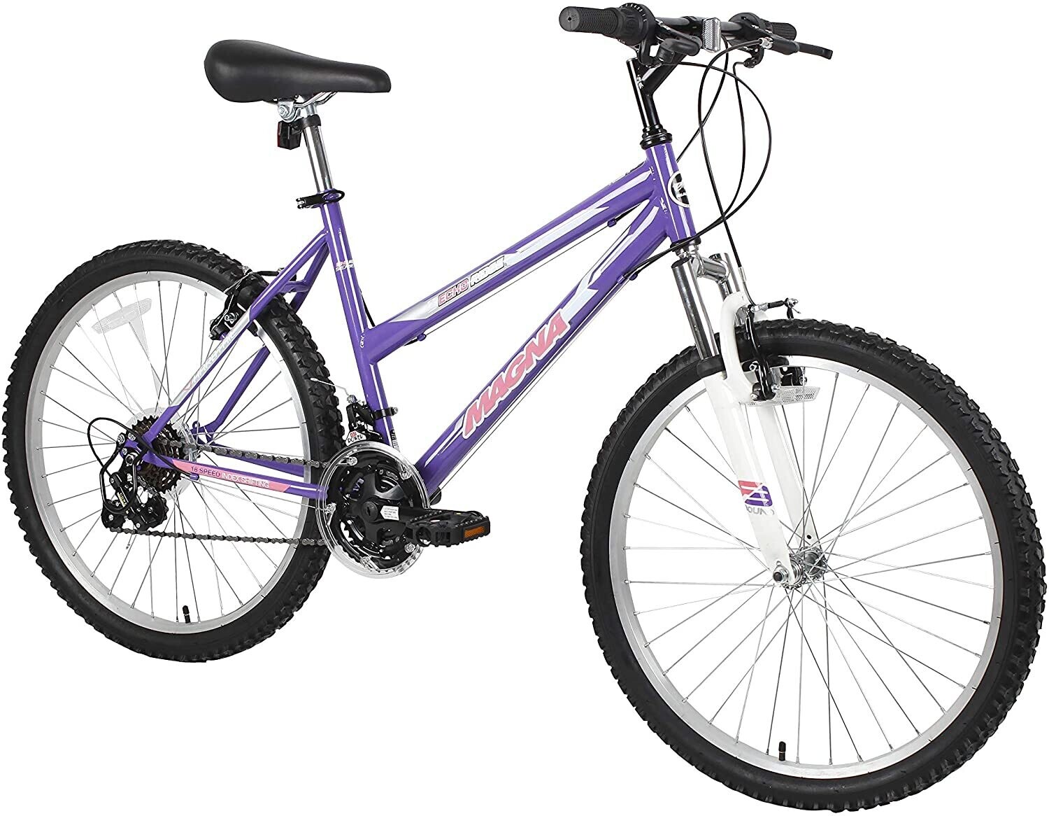 Dynacraft Magna Front Shock Mountain Bike Boys, Girls, Men's and Women's (24 Inch) Wheels with 18 Speed Grip Shifter and Dual Handbrakes in Red, Purple